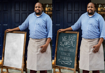 A Cheerful Business Owner Standing With Open Blackboard Mockup