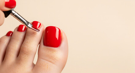 Close up red pedicure in progress as a manicurist's brush applies a coat of vibrant scarlet polish to a woman's toenail, with copy space