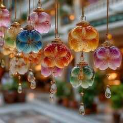 Colorful glass wind chimes Japanese toy store, soft light delicate close-up, transparent spheres with painted flowers, traditional decoration cheerful atmosphere
