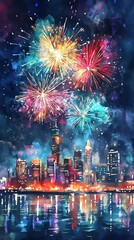 Colorful fireworks illuminating city skyline at night over water  