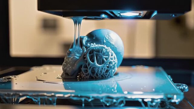 Extreme zoom on a 3D printer creating a detailed skull with intricate latticework, showcasing advanced additive manufacturing technology