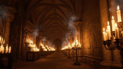 A long, cavernous hallway illuminated by numerous burning candles. Arched ceilings and stone walls suggest an ancient or gothic architectural style, conveying a sense of mystery. - Powered by Adobe