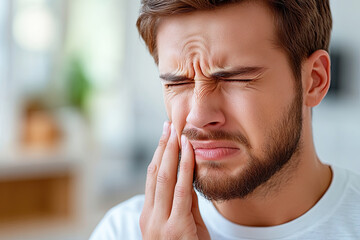 A man grimaces in pain, holding his jaw, suggesting he is experiencing dental discomfort or a toothache.