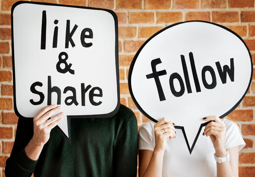 Happy Cute Young Couple Holding A Thought Bubble Mockup