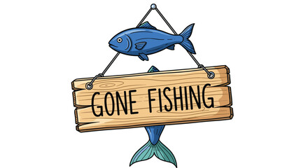 Cartoon Fish Hanging on a Wood Sign "Gone Fishing" Adventure, Relaxing Hobby Illustration for Outdoor Lifestyle Marketing,  Nature, Summer Vacation, Fishing Trip Announcement with Humor and Recreation