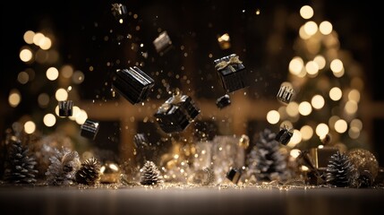 Holiday celebration with floating black gift boxes and golden pine cones on festive bokeh background