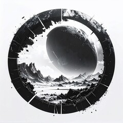 Cosmic gateway framing a barren, mountainous planet with a fractured, circular structure