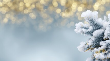 Snow-covered pine tree branches with golden bokeh lights background for winter holiday themes