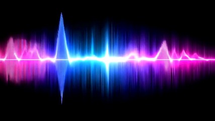 Dynamic neon sound waves pulse vibrantly across a dark background, displaying a spectrum of pink, purple, and blue - Powered by Adobe
