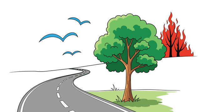 Road Trip Journey Facing Environmental Challenges: A Cartoon Landscape with Green Trees and Distant Wildfire, Illustrating Climate Change and Environmental Awareness for Education and Travel Planning - Powered by Adobe