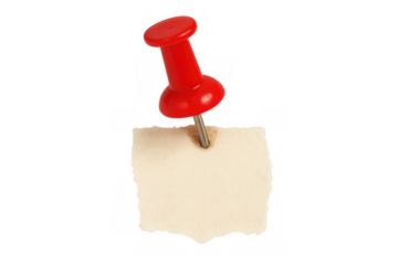 Red pushpin holding torn blank paper square, empty reminder note for message or important information