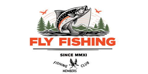 Dynamic fly fishing emblem featuring a leaping trout pine trees mountains and butterflies