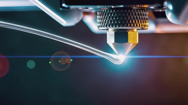 Extreme zoom on a 3D printer nozzle extruding a precise line, showcasing advanced manufacturing technology in detail