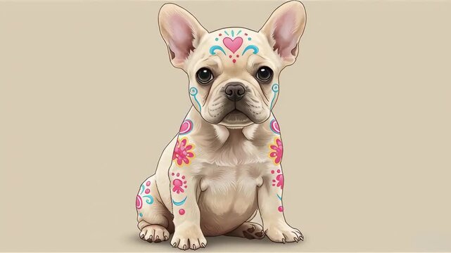 A charming French Bulldog puppy with colorful floral and heart-shaped body art, sitting and looking forward.