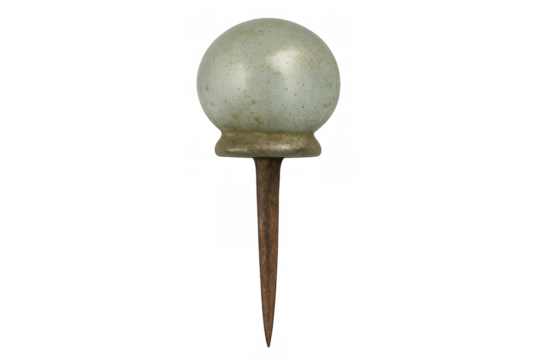 Vintage pushpin featuring an aged spherical head and wooden body, ideal for maps and notice boards with transparent background