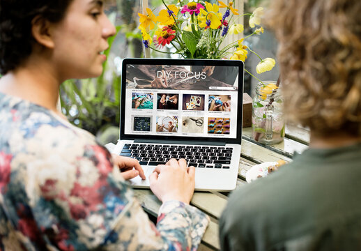 Women Using Laptop Mockup Working Together