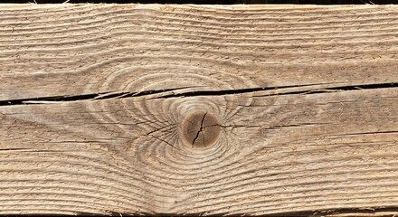 Naklejka premium Weathered wood plank with prominent knot and cracks exhibits natural patterns