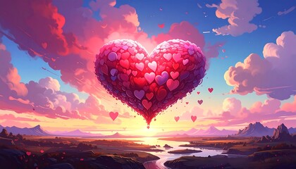 A giant heart made of smaller hearts floats over a sunset landscape