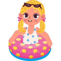 Young Girl With Blonde Pigtails And Sunglasses Wearing A Polka Dot Swimsuit And Pink Floatation Ring Enjoying Summer