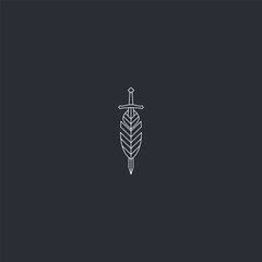 Feather and sword line art balance of wisdom and power logo design.