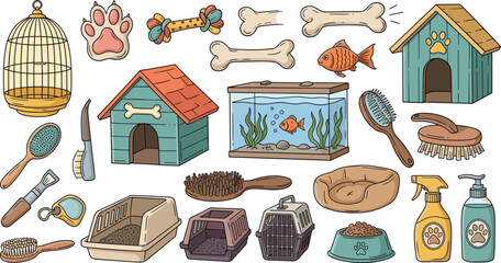 Collection of Pet Care Supplies and Accessories Illustration, Featuring Dog House, Cat Carrier, Fish Tank, Bird Cage, Grooming Tools, and Pet Food, Perfect for Veterinary Clinics, Pet Stores, and Anim