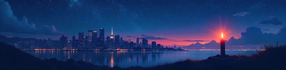 Cityscape Silhouette at Midnight A Single Candles Hopeful Glow Against a Starry Sky