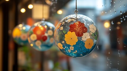 Colorful glass wind chimes Japanese toy store, soft light delicate close-up, transparent spheres with painted flowers, traditional decoration cheerful atmosphere