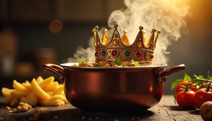 Royal Feast A Majestic Crown Adorns a Steaming Pot, Golden Light Illuminating a Luxurious Culinary Scene Prepared by a Regal Chef, signifying opulence and a delicious meal fit for royalty.