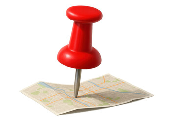 Red pushpin marking specific location on folded city map, indicating destination or travel route