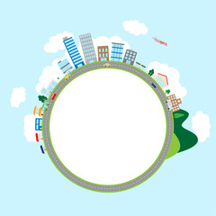 街並みの丸いフレームイラスト