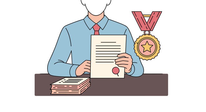 Faceless Professional Holding Achievement Certificate with Gold Medal Award at Desk: Business Success, Recognition, and Corporate Accomplishment in Modern Office Setting for Presentation or Website Us - Powered by Adobe