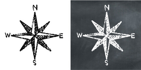 Chalk hand-drawn wind rose vector. Ideal for navigation, maritime, and cartography themes. This graphic symbolizes direction, orientation, and classic maps with a unique, sketchy aesthetic.