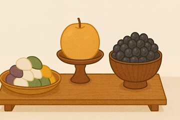 Celebrating Chuseok with a feast of colorful songpyeon, juicy pear, and glistening black beans