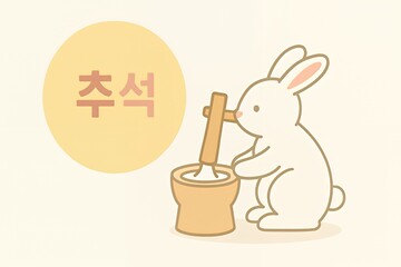 Cute rabbit preparing traditional rice cakes for Chuseok festival celebration card illustration