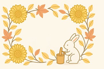 Autumnal frame with rabbit mochi pounding, perfect for Asian festivals and seasonal greetings