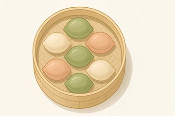 Delicious colorful dumplings in bamboo steamer basket, perfect for Asian cuisine promotion or food blog post