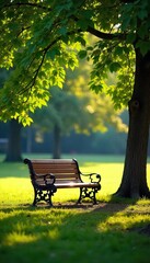 Serene Summer Park Bench Empty Bench bathed in Warm Sunlight, Lush Green Leaves, Perfect for Relaxation and Contemplation
