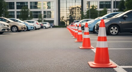 Orange Traffic Cones Line a Parking Lot Awaiting Vehicles, Marking Spaces in Rows