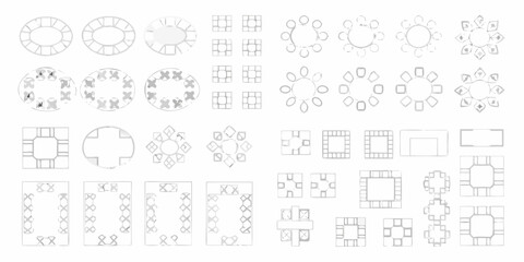 Collection of abstract geometric shapes and patterns in grayscale tones on a white background