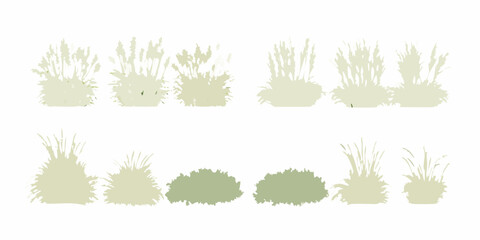 Collection of stylized grass and reed silhouettes in various shades of green and beige on a white background