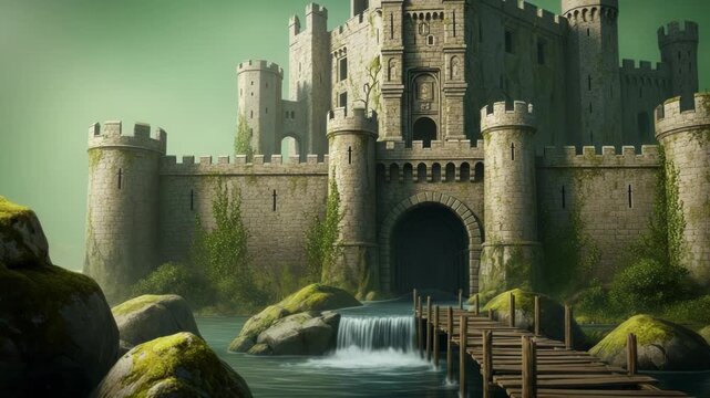 Medieval stone castle with a wooden bridge over a waterfall