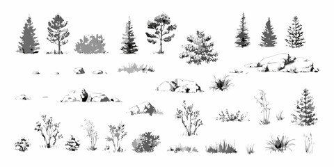 Collection of hand drawn black and white illustrations of coniferous trees bushes rocks and grass elements