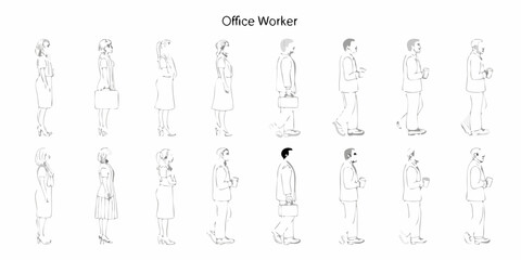 Collection of stylized line art illustrations of diverse office workers in various poses and attire