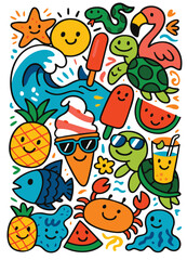 Fototapeta premium Happy sun smiling turtle pineapple ice cream popsicle watermelon crab fish summer