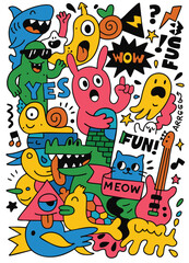 Obraz premium Colorful cartoon doodle illustration with animal character, guitar, and playful fun expression