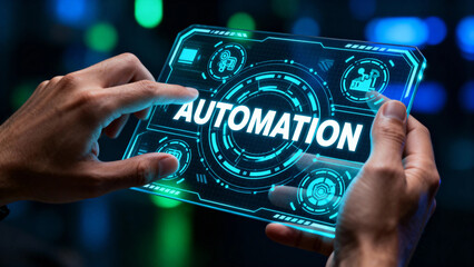Hands holding a futuristic transparent tablet displaying the word 'AUTOMATION' with digital interface elements