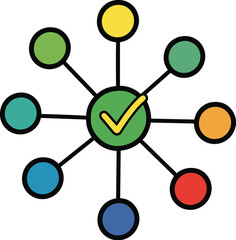 Network Connection Verified: Central Hub with Connected Nodes Showing Data Points, Communication, Collaboration, Project Management, Success, Checkmark Confirmation in Bright Modern Graphic Style Tech