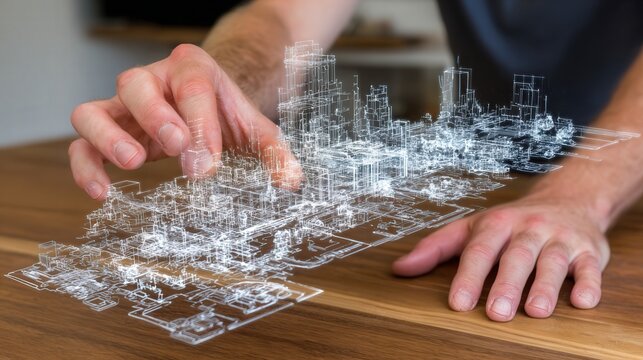 Man observing holographic home control panel displaying system malfunction and error lights, symbolizing smart home technology failure.