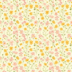 A seamless pattern of small yellow and pink wildflowers with green stems on a pale yellow background.