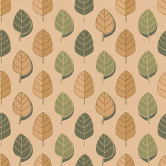 A repeating pattern of stylized leaves in shades of green and brown on a beige background.